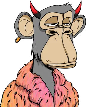 Bored ape with red devil horns and a pierced ear, wearing a pink fur coat