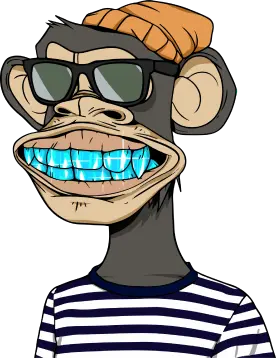 Bored ape with shiny blue teeth wearing a beanie, sunglasses, and a striped t-shirt