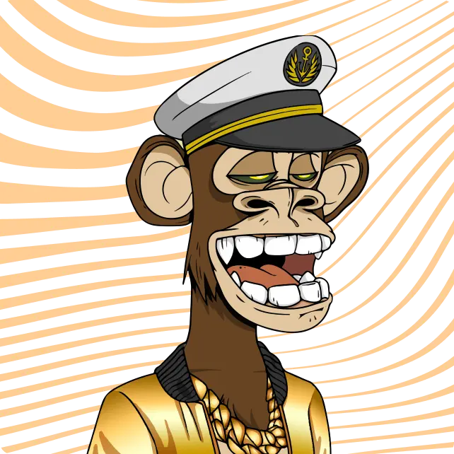Bored ape wearing a gold jacket and sailor cap on a groovy orange background